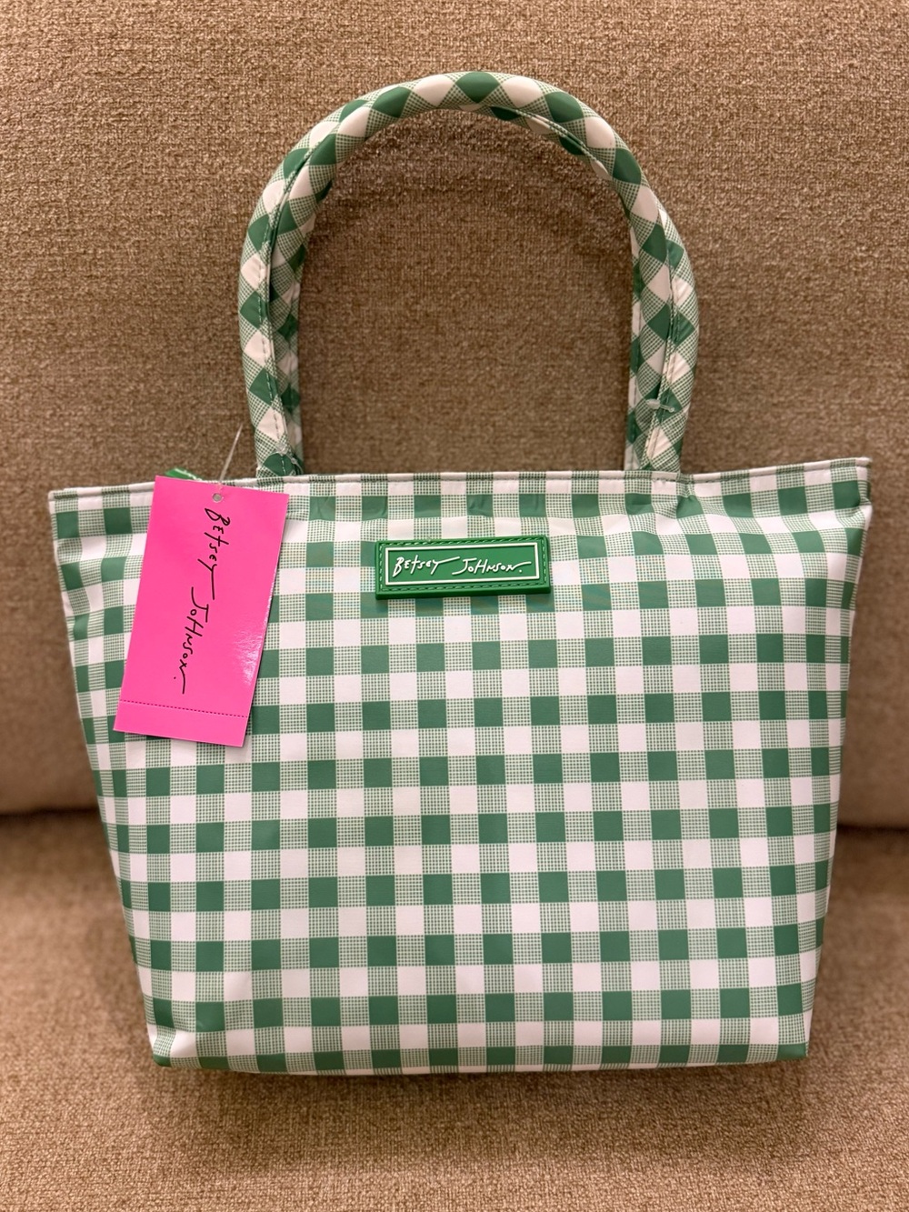 NWT Betsey Johnson Green & White Gingham Insulated Lunch Tote Bag